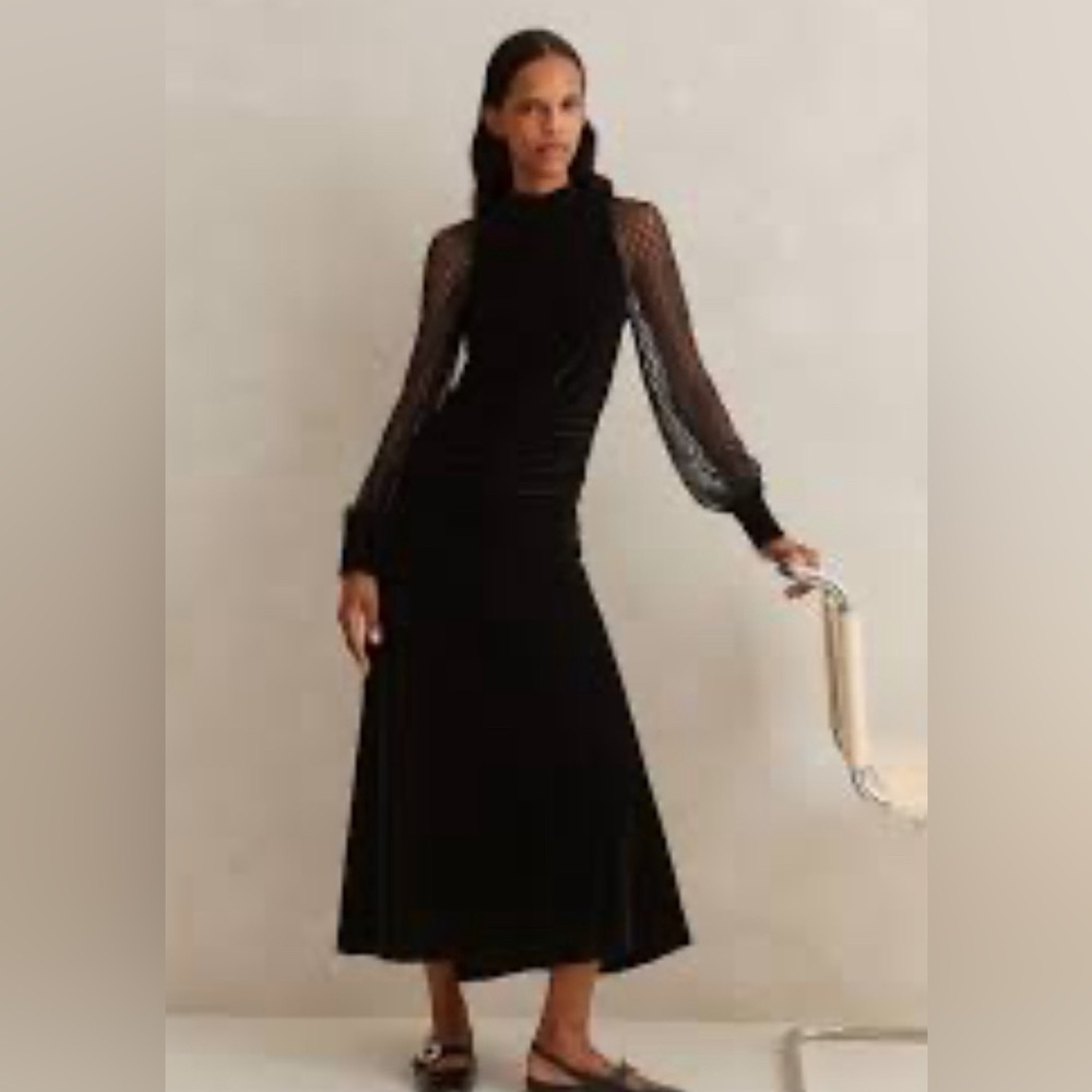 ME+EM Stretch Velvet Lace Sleeve High Neck Maxi Dress in Black